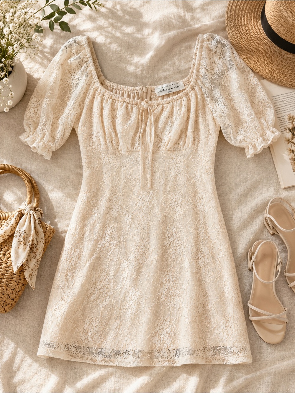 American Threads Cream Lace Puff Sleeve Mini Dress Size S Cottagecore Coquette